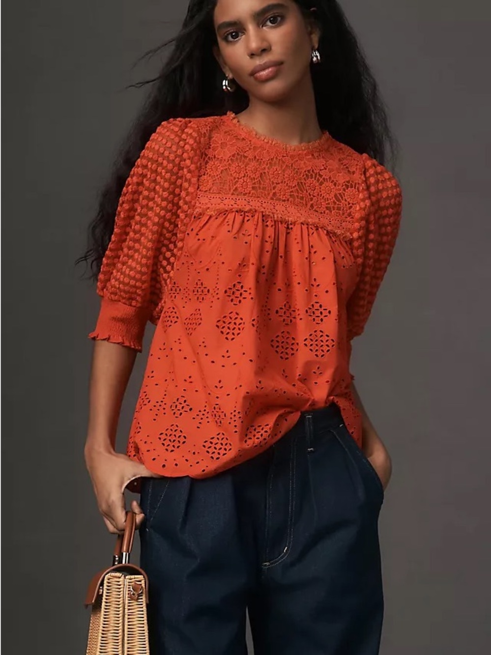 Women's Red Eyelet Lace Yoke Blouse - Conditions Apply
